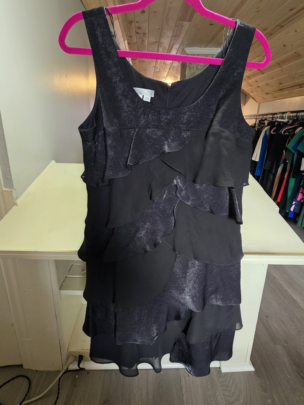 London Times Black Layered Ruffle Dress with Subtle Sheen